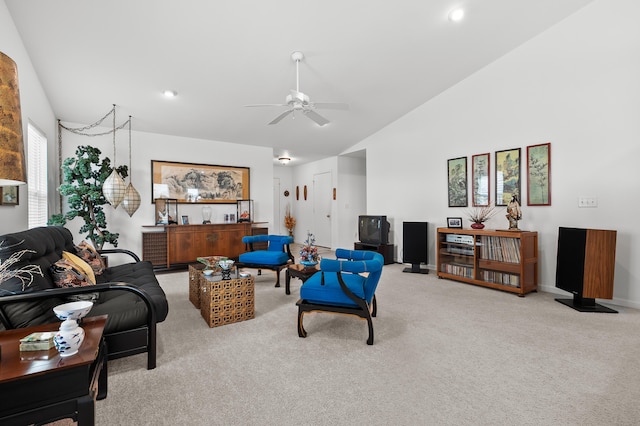 8761 Aveling Way, Richland, MI 49083 - carpeted living room featuring ceiling fan, high vaulted ceiling, and baseboards