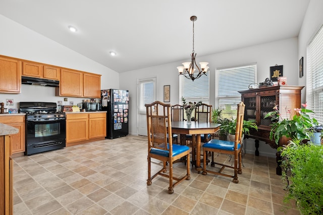 8761 Aveling Way, Richland, MI 49083 - dining space featuring a chandelier, vaulted ceiling, plenty of natural light, and recessed lighting