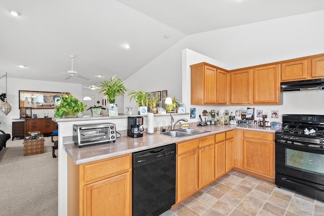 8761 Aveling Way, Richland, MI 49083 - kitchen with black appliances, under cabinet range hood, a sink, vaulted ceiling, and a ceiling fan