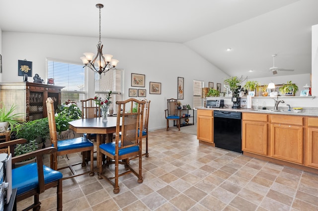 8761 Aveling Way, Richland, MI 49083 - kitchen featuring black dishwasher, a sink, lofted ceiling, light countertops, and a chandelier