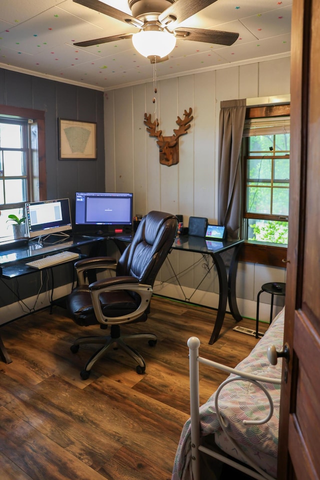 1041 W Arthur Rd, Rothbury, MI 49452 - office area with crown molding, wood finished floors, and ceiling fan