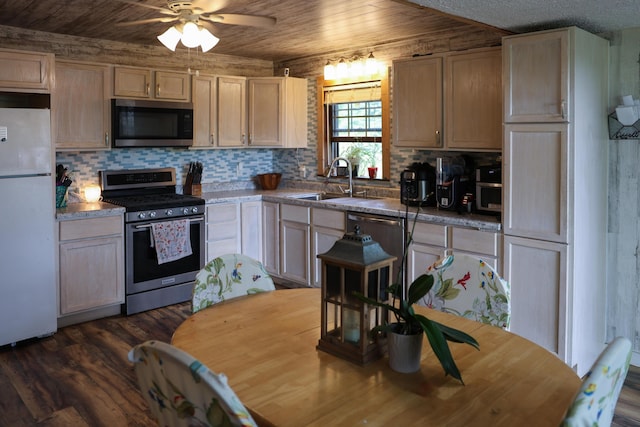 1041 W Arthur Rd, Rothbury, MI 49452 - kitchen featuring stainless steel appliances, tasteful backsplash, ceiling fan, dark wood-type flooring, and a sink