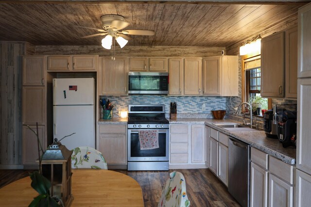 1041 W Arthur Rd, Rothbury, MI 49452 - kitchen with appliances with stainless steel finishes, a sink, wooden ceiling, ceiling fan, and dark wood-type flooring