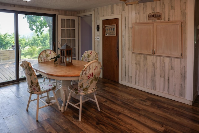 1041 W Arthur Rd, Rothbury, MI 49452 - dining space with a textured ceiling, dark wood-style flooring, and wood walls