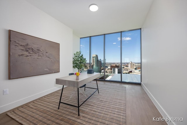144 Oakes St SW Unit 1903, Grand Rapids, MI 49503 - office featuring a wall of windows, wood finished floors, a view of city, and baseboards