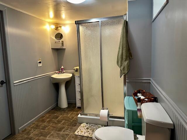 1566 N Fitzgerald Ave, Hesperia, MI 49421 - bathroom featuring toilet, stone finish floors, a stall shower, wainscoting, and a sink