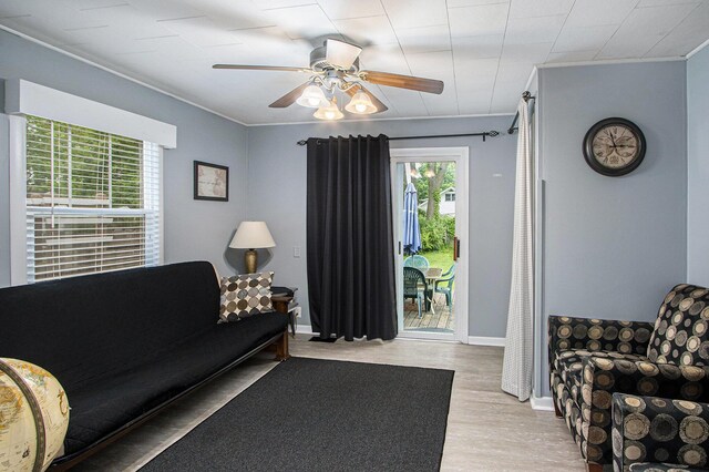208 Nelson Ave, Kalamazoo, MI 49006 - living area featuring healthy amount of natural light, wood finished floors, ceiling fan, crown molding, and baseboards