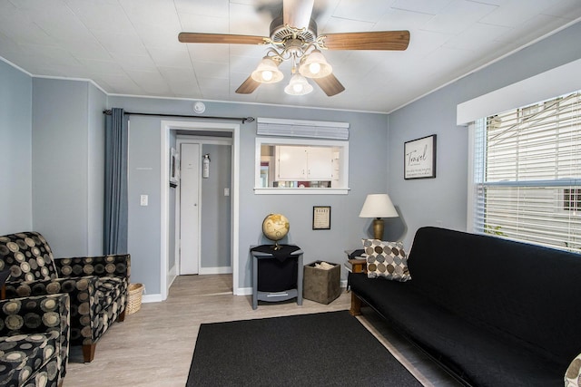 208 Nelson Ave, Kalamazoo, MI 49006 - living area with wood finished floors, crown molding, ceiling fan, and baseboards
