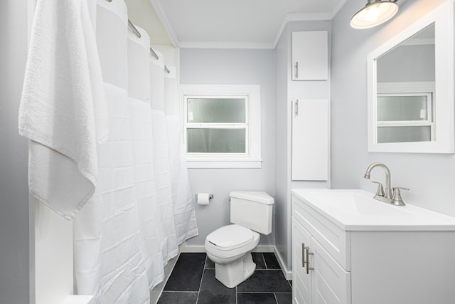115 Mckinley St, Chelsea, MI 48118 - full bathroom with toilet, vanity, ornamental molding, tile patterned floors, and curtained shower