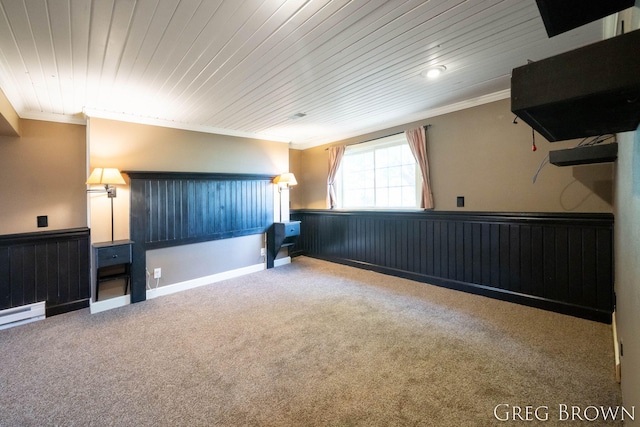 9318 Jefferson Rd, Lakeview, MI 48850 - spare room featuring a wainscoted wall, ornamental molding, wooden ceiling, carpet flooring, and a baseboard heating unit
