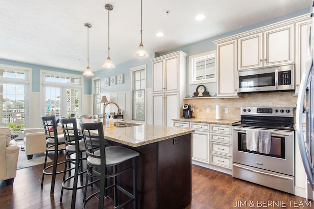 807 Lake St Unit 7, Saugatuck, MI 49453 - kitchen featuring stainless steel appliances, a sink, dark wood-style floors, light stone countertops, and wainscoting