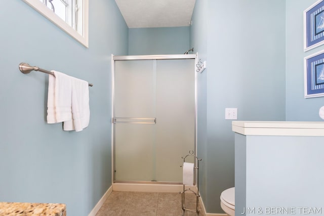 807 Lake St Unit 7, Saugatuck, MI 49453 - full bathroom featuring a stall shower, baseboards, toilet, and tile patterned flooring