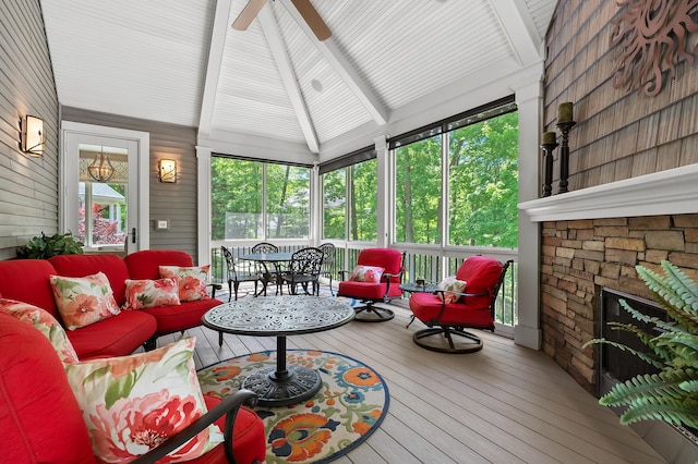6461 E Bay Ln, Richland, MI 49083 - sunroom / solarium with a ceiling fan, an outdoor living space with a fireplace, and outdoor dining area
