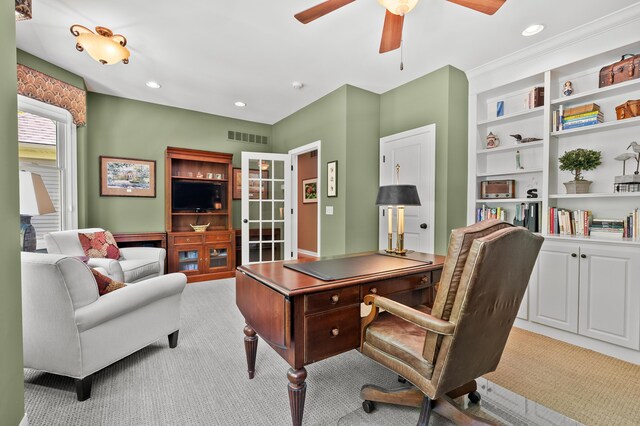 6461 E Bay Ln, Richland, MI 49083 - carpeted home office with ceiling fan, built in features, and recessed lighting