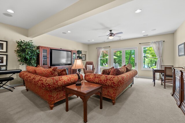6461 E Bay Ln, Richland, MI 49083 - living room with light colored carpet, recessed lighting, a ceiling fan, and baseboards