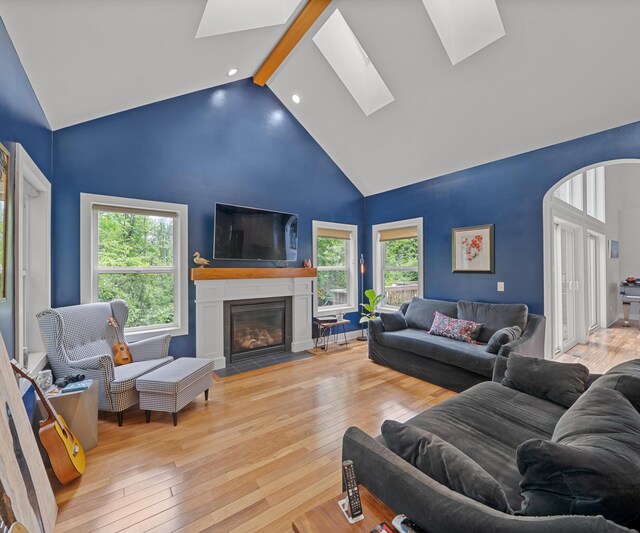 6201 Donovanridge, Dexter, MI 48130 - living room with a skylight, high vaulted ceiling, plenty of natural light, hardwood / wood-style flooring, and a fireplace with flush hearth