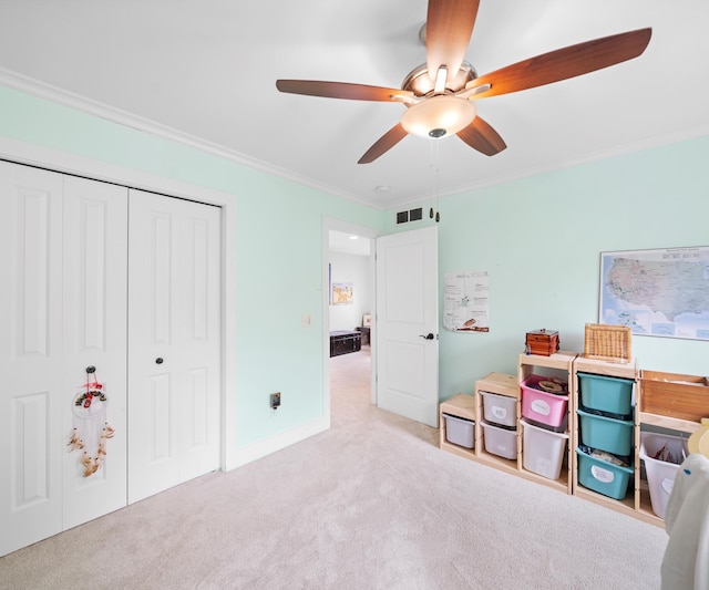 6201 Donovanridge, Dexter, MI 48130 - game room featuring carpet, ceiling fan, and ornamental molding