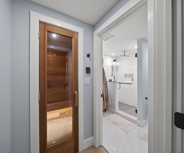6201 Donovanridge, Dexter, MI 48130 - hallway featuring a sauna, baseboards, recessed lighting, and light tile patterned floors