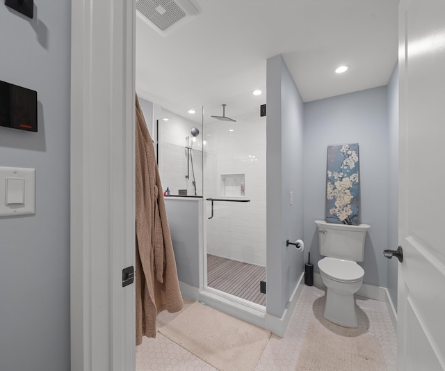 6201 Donovanridge, Dexter, MI 48130 - bathroom with a stall shower, toilet, tile patterned floors, baseboards, and recessed lighting