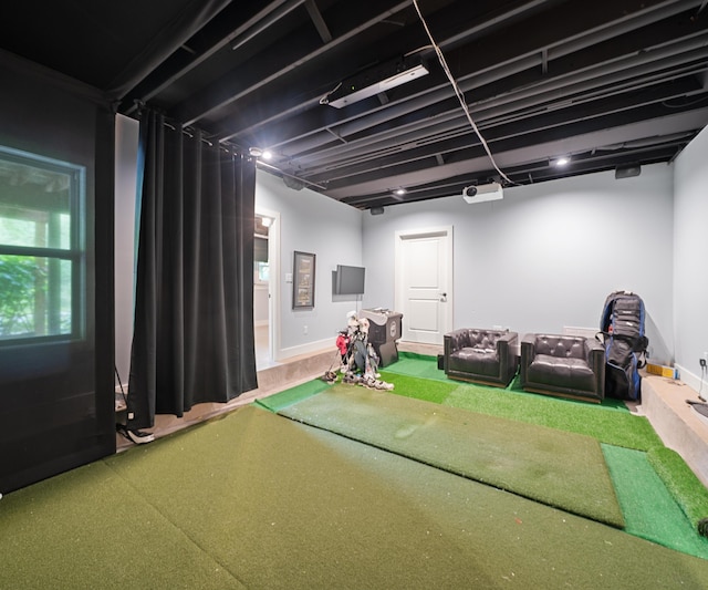 6201 Donovanridge, Dexter, MI 48130 - rec room featuring baseboards, carpet floors, and golf simulator