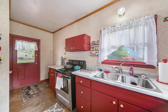436 Portage St, Grass Lake, MI 49240 - kitchen featuring ornamental molding, stainless steel electric range oven, red cabinetry, light countertops, and a sink