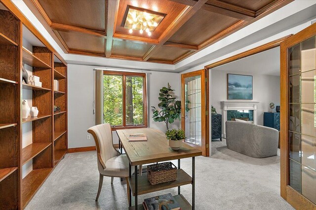 3427 E Dobson Pl, Ann Arbor, MI 48105 - office space featuring carpet floors, coffered ceiling, french doors, a fireplace, and a chandelier