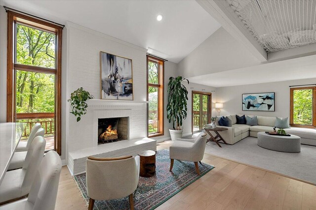 3427 E Dobson Pl, Ann Arbor, MI 48105 - living room with high vaulted ceiling, a large fireplace, light wood finished floors, and healthy amount of natural light