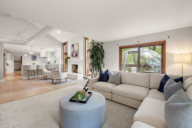 3427 E Dobson Pl, Ann Arbor, MI 48105 - living room featuring vaulted ceiling, a large fireplace, light wood finished floors, and light colored carpet