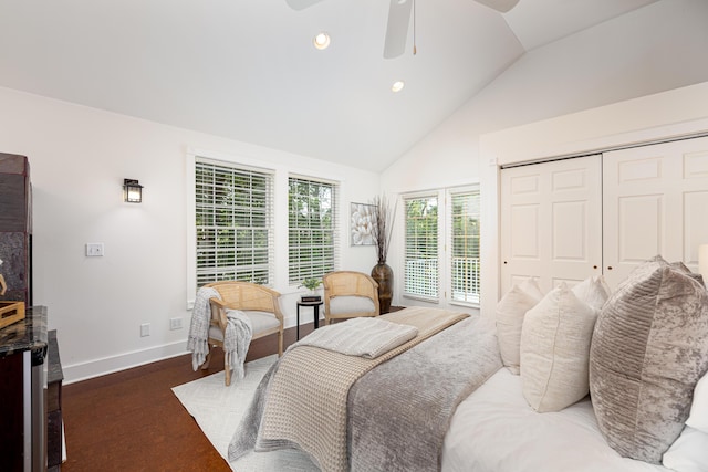 818 S 7th St, Ann Arbor, MI 48103 - bedroom with baseboards, recessed lighting, ceiling fan, a closet, and high vaulted ceiling