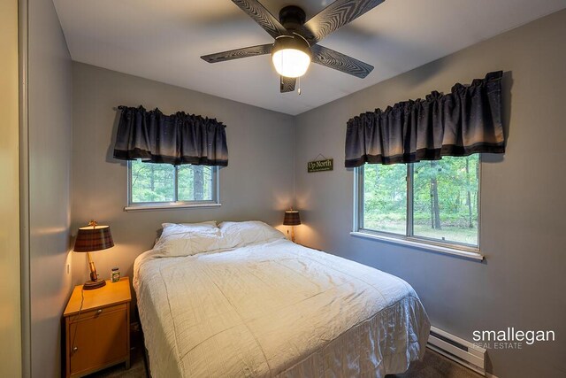 9134 39th Ave, Bitely, MI 49309 - bedroom with a baseboard heating unit, multiple windows, and ceiling fan