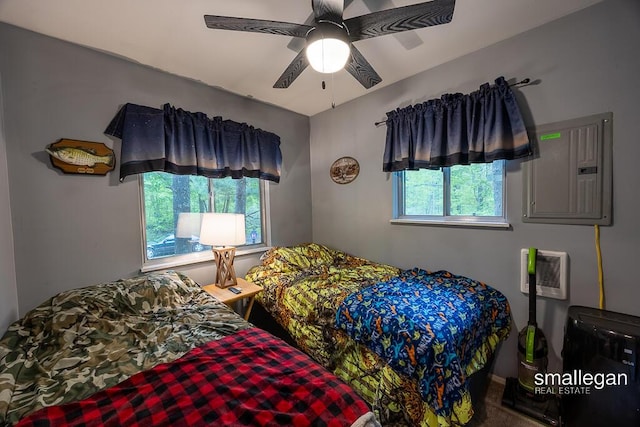 9134 39th Ave, Bitely, MI 49309 - bedroom featuring electric panel, a wall unit AC, and ceiling fan