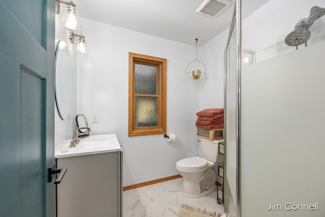 1480 W 72nd St, Newaygo, MI 49337 - full bathroom with vanity, toilet, marble finish flooring, a shower, and baseboards