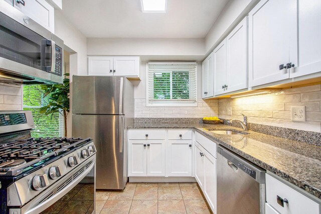 429 S 7th St # 1, Ann Arbor, MI 48103 - kitchen featuring appliances with stainless steel finishes, tasteful backsplash, light stone countertops, white cabinetry, and a sink