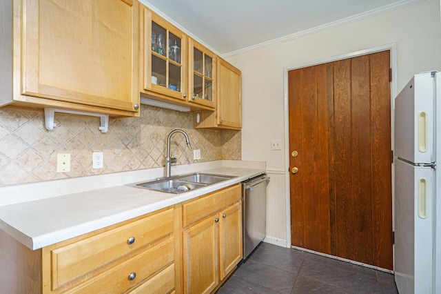 2305 S Circle Dr, Ann Arbor, MI 48103 - kitchen featuring freestanding refrigerator, a sink, decorative backsplash, stainless steel dishwasher, and glass insert cabinets