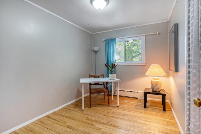 2305 S Circle Dr, Ann Arbor, MI 48103 - home office with crown molding, wood finished floors, a baseboard heating unit, and baseboards