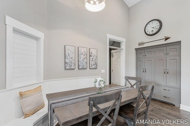 1551 Providence Cove Ct, Byron Center, MI 49315 - dining space featuring a towering ceiling, dark wood-style flooring, and baseboards