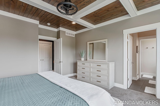 1551 Providence Cove Ct, Byron Center, MI 49315 - carpeted bedroom featuring baseboards, wooden ceiling with exposed beams, recessed lighting, and tile patterned floors