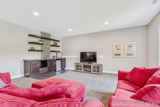 1551 Providence Cove Ct, Byron Center, MI 49315 - living room featuring dark carpet, bar, baseboards, and recessed lighting