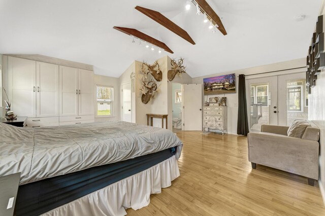 175 Templar Ave, Pinckney, MI 48169 - bedroom featuring track lighting, french doors, light wood-style floors, beamed ceiling, and access to outside