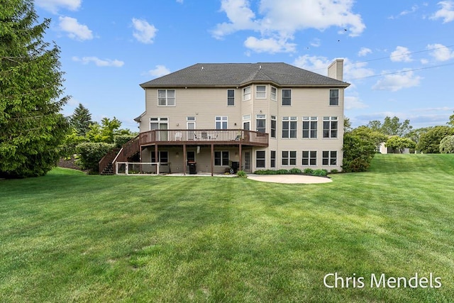 150 Bay Circle Dr, Holland, MI 49424 - back of property with a chimney, a patio area, a wooden deck, a yard, and stairs
