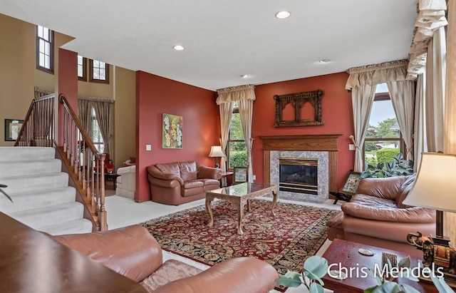 150 Bay Circle Dr, Holland, MI 49424 - living room with recessed lighting, a fireplace, and stairs