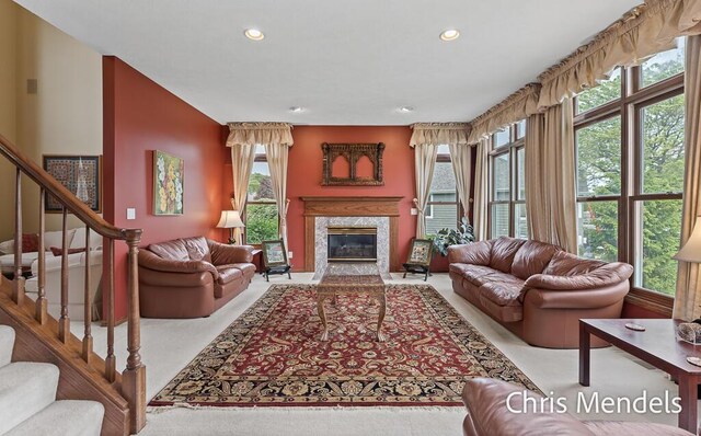150 Bay Circle Dr, Holland, MI 49424 - living area with recessed lighting, plenty of natural light, stairway, and a premium fireplace