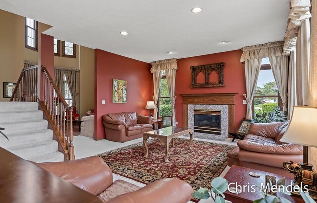 150 Bay Circle Dr, Holland, MI 49424 - living room with recessed lighting, a fireplace, and stairs