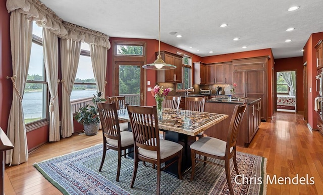 150 Bay Circle Dr, Holland, MI 49424 - dining space with light wood-style flooring, recessed lighting, baseboards, and a water view