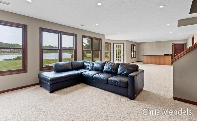 150 Bay Circle Dr, Holland, MI 49424 - living area with carpet flooring, baseboards, a water view, and recessed lighting