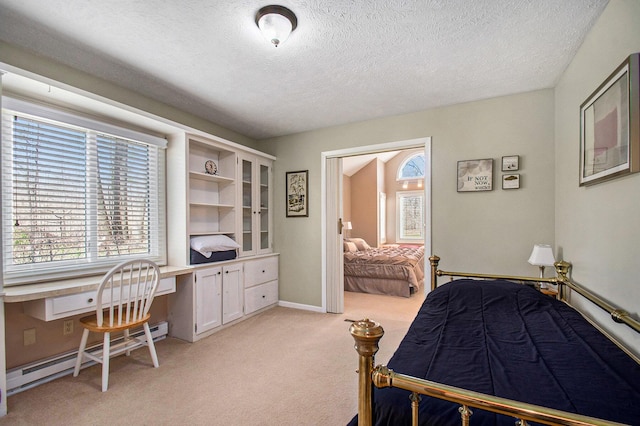 9701 Kruger Rd, Union Pier, MI 49129 - bedroom featuring light colored carpet, a baseboard radiator, a textured ceiling, and baseboards