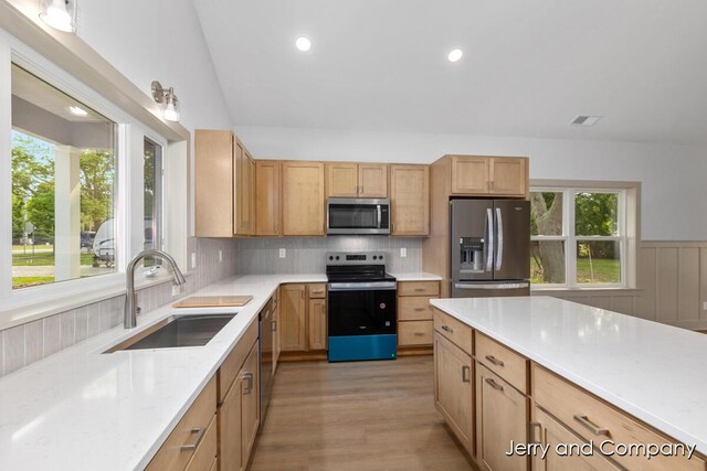 2076 W Lakewood Blvd, Holland, MI 49424 - kitchen with appliances with stainless steel finishes, a sink, healthy amount of natural light, tasteful backsplash, and recessed lighting
