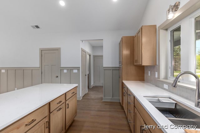 2076 W Lakewood Blvd, Holland, MI 49424 - kitchen featuring a sink, dark wood finished floors, light countertops, a wainscoted wall, and brown cabinets