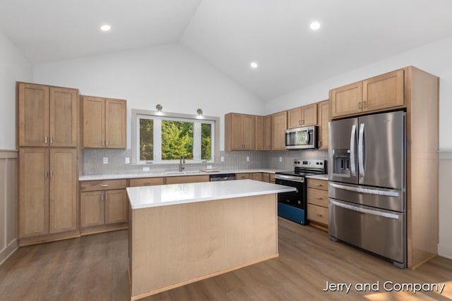 2076 W Lakewood Blvd, Holland, MI 49424 - kitchen with appliances with stainless steel finishes, a sink, light countertops, a kitchen island, and wood finished floors