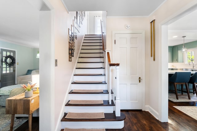 770 Bloomfield Blvd, Jackson, MI 49203 - stairs with wood finished floors, crown molding, and baseboards